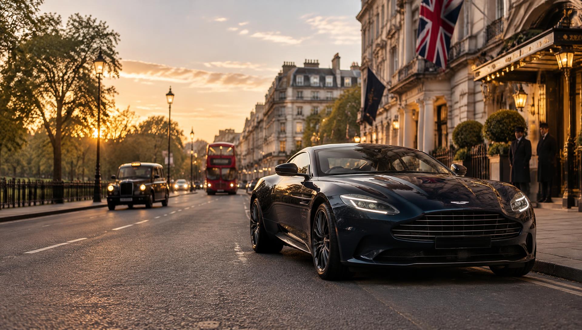 A luxury car parked on Park Lane, London, at sunset